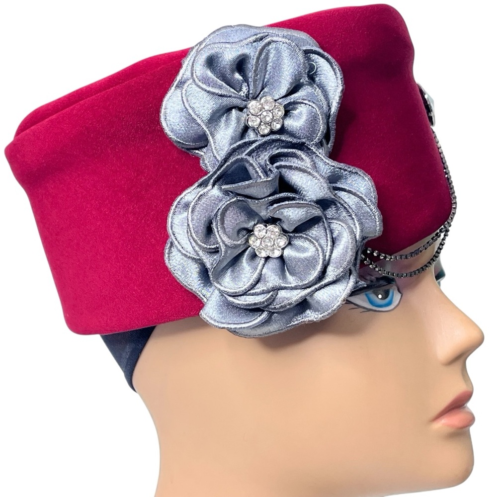 Lisa Rene Red Felt Satin Flower Chain Rhinestone Pillbox-Style Hat - Picture 4 of 15